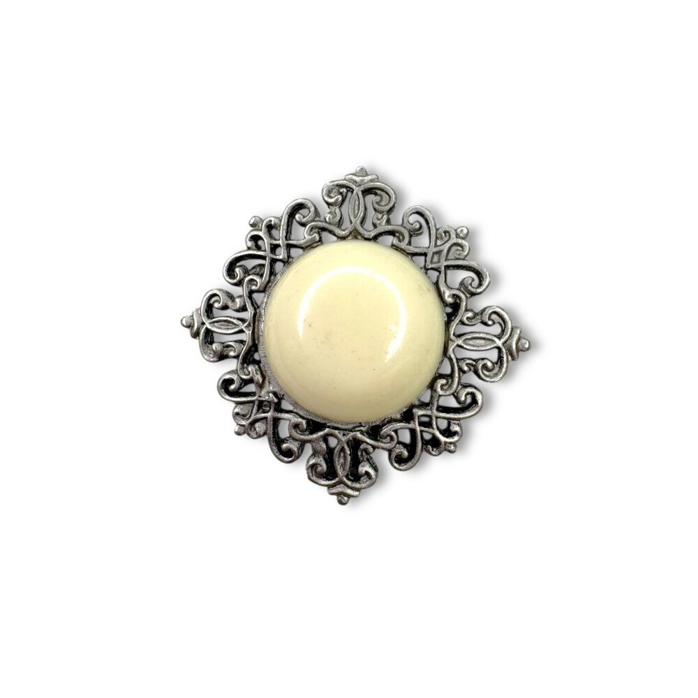 Kenneth Jay Lane Cream Acrylic Brooch Silver Tone KJL